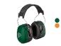 Casque anti-bruit vert et noir avec informations produit sur le côté.