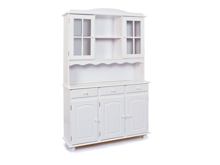 Un buffet blanc avec des portes en verre et des tiroirs.