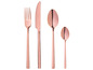 Une fourchette, un couteau et deux cuillères en rose.