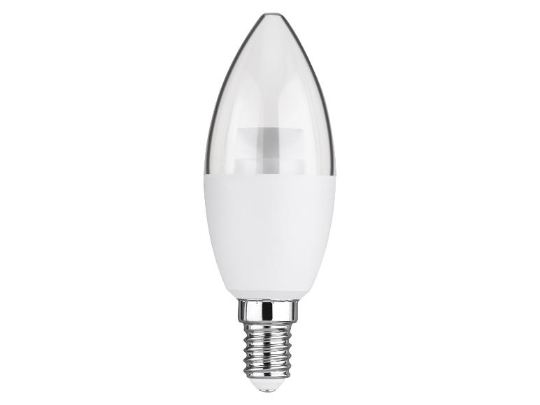 Ampoule LED blanche en forme de bougie avec un dessus transparent et un culot à vis argenté.