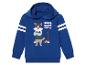 Sweat-shirt à capuche bleu pour enfant, imprimé raton laveur et scooter.