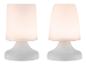Deux lampes de table blanches à lumière chaude, avec une base et un abat-jour similaires.