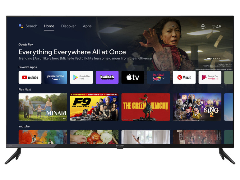 Une télévision Sharp avec les applications Google Play, YouTube, Prime Video et Twitch, avec 'Everything Everywhere All at Once' comme film tendance.