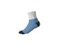 Chaussette courte bleue avec pointe et talon noirs, et bord supérieur blanc.