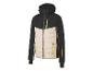 Une veste de ski noire et beige avec des accents jaunes.