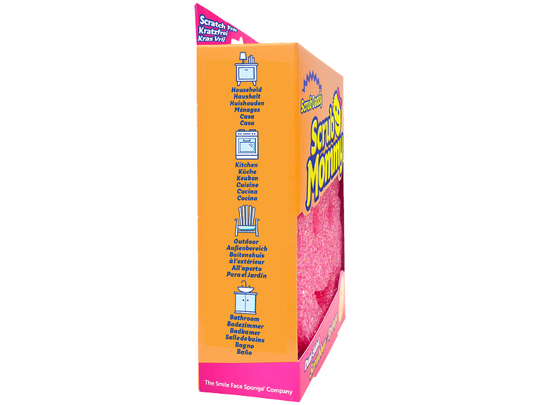 Éponge de nettoyage rose avec texte multilingue pour la maison, la cuisine, l'extérieur et la salle de bain.
