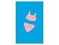 Maillot de bain bikini rose pour enfant avec imprimé cerises sur fond bleu.