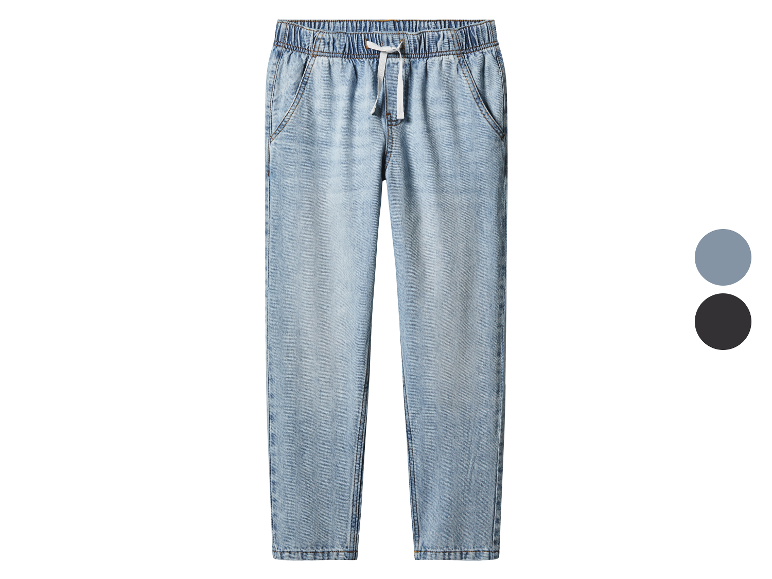 Pantalon jean décontracté à cordon de serrage, disponible en gris et noir.