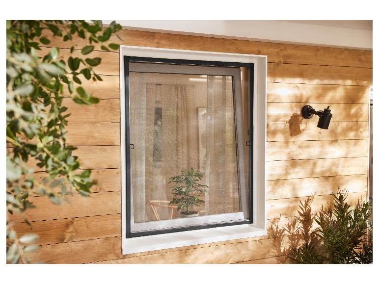 Fenêtre avec moustiquaire sur mur en bois, avec plantes et lumière du soleil.