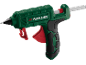 Pistolet à colle chaude vert avec gâchette rouge et poignées caoutchoutées noires.