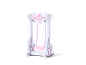 Balançoire de maison de poupée en bois blanc avec siège rose et décorations florales.