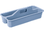 Boîte de rangement en plastique bleu avec poignée et compartiments.