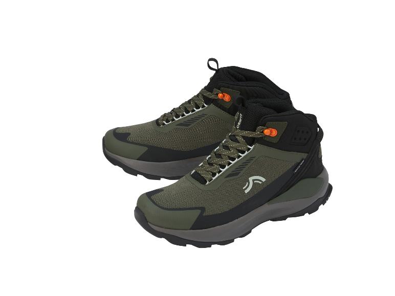 Paire de chaussures de randonnée imperméables vert olive et noires avec des accents orange.