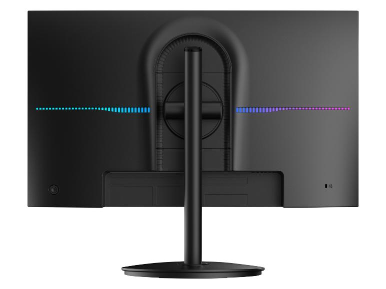 Arrière d'un moniteur noir avec éclairage LED bleu et violet, doté d'un support central.