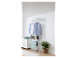 Un séchoir à linge blanc fixé au plafond, avec des vêtements suspendus et des étagères de rangement.