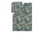 Parure de lit avec motif de feuilles tropicales dans des tons verts et bruns.