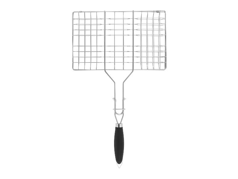 Grille de barbecue avec poignée noire pour griller des aliments.