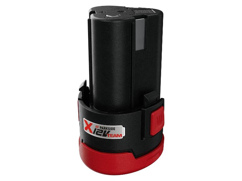 Batterie d'outil électrique 12V noire et rouge avec indicateur de charge et boutons de déverrouillage.