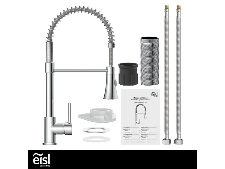 Un robinet de cuisine Eisl avec un pommeau de douche extractible et deux tuyaux flexibles.