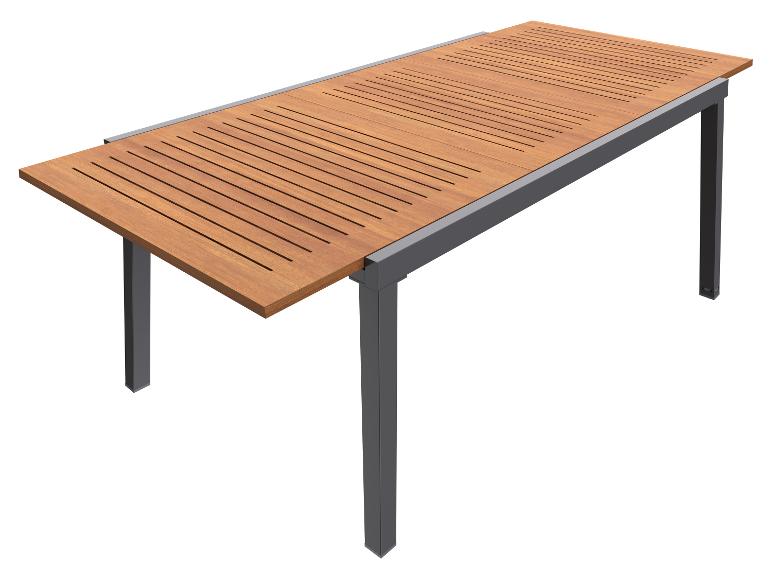Table moderne en bois et métal : plateau en bois strié, piètement gris.