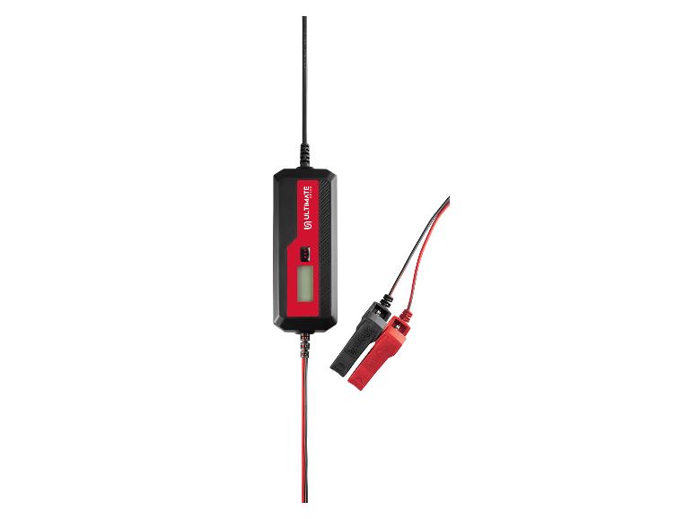 Chargeur de batterie noir et rouge avec écran et pinces.