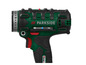 Une perceuse Parkside X20V Team verte avec un embout dans le porte-embout.