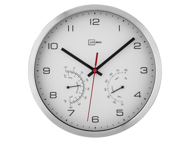 Horloge murale Livarno avec thermomètre et hygromètre, affichant 10:10.