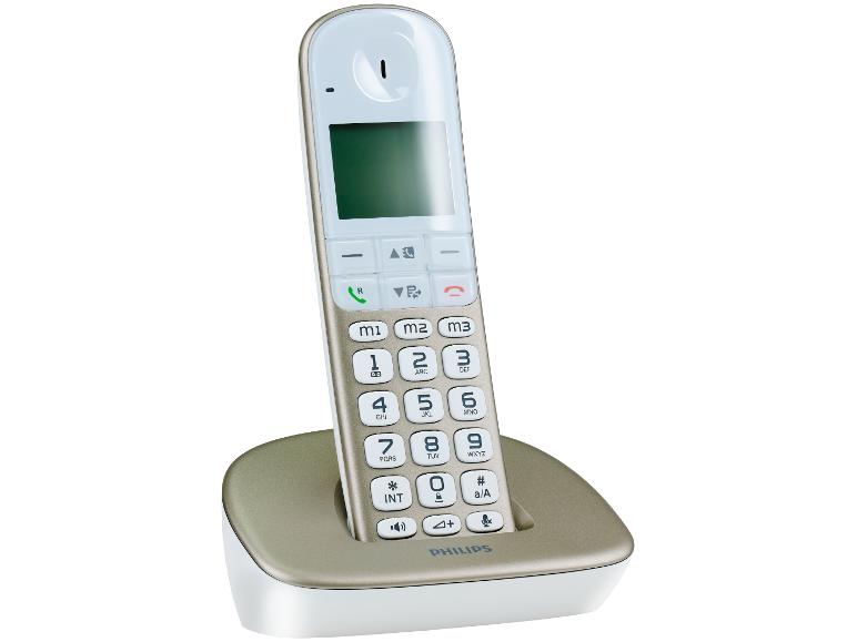 Téléphone sans fil blanc avec de grands boutons et un écran, placé dans une station de charge beige.