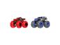 Deux camions jouets Hot Wheels Monster Trucks en rouge et bleu.