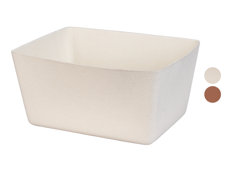 Panier de rangement rectangulaire en feutre beige avec options de couleur.