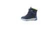 Bottes d'hiver bleues pour enfants avec doublure jaune fluo et fermetures velcro.
