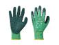 Paire de gants de travail verts et vert foncé avec prise texturée et marquages de sécurité.
