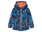 Une veste softshell bleue à motif camouflage, fermeture éclair et capuche.