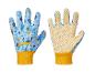 Gants de jardinage pour enfants bleus avec motif spatial et paume antidérapante jaune.