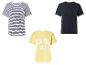 Trois t-shirts : rayé, bleu uni et jaune avec l'inscription 'Good Vibes Only'.