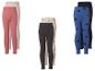 Trois paires de leggings pour enfants : roses à pois, beiges à cœurs et bleus à cœurs.