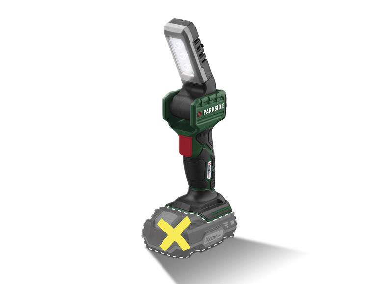 Une lampe de travail LED Parkside X20V Team avec batterie.