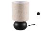 Lampe de table avec abat-jour en tissu beige et base noire, avec options de couleur.