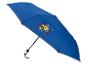 Parapluie bleu avec un motif géométrique coloré et un logo jaune.