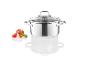 Une casserole en acier inoxydable avec un couvercle en verre et des légumes.