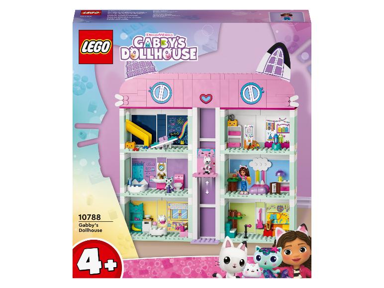 Ensemble de construction LEGO Gabby's Dollhouse avec une maison de poupée rose et des figurines.