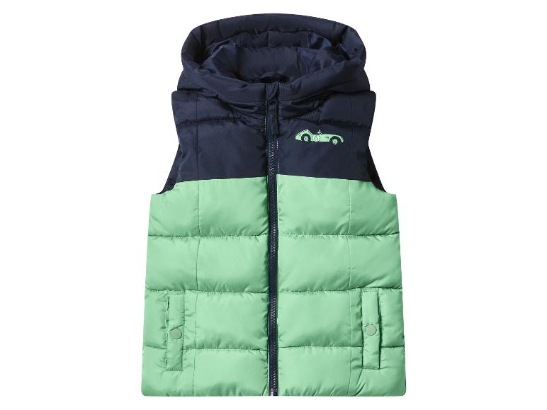 Gilet matelassé bicolore pour enfants en bleu marine et vert menthe avec motif de voiture