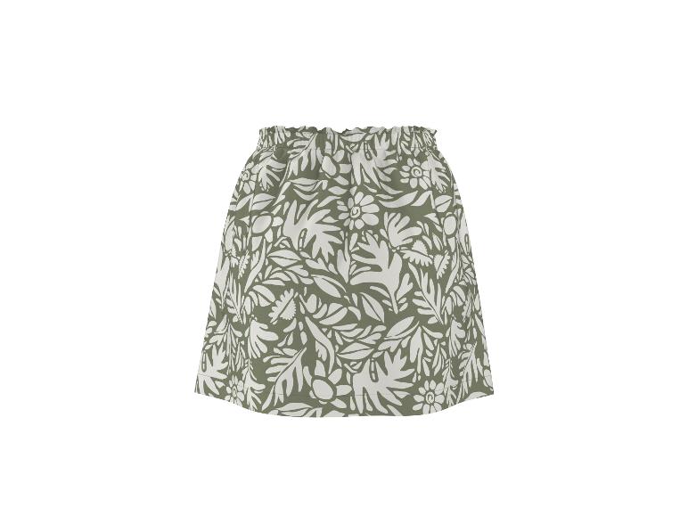 Jupe à taille élastique avec motif floral blanc sur fond vert olive.