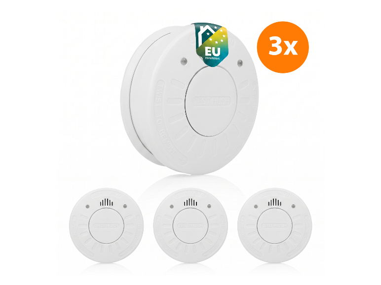 Lot de 3 détecteurs de fumée blancs certifiés UE avec bouton test/silence.