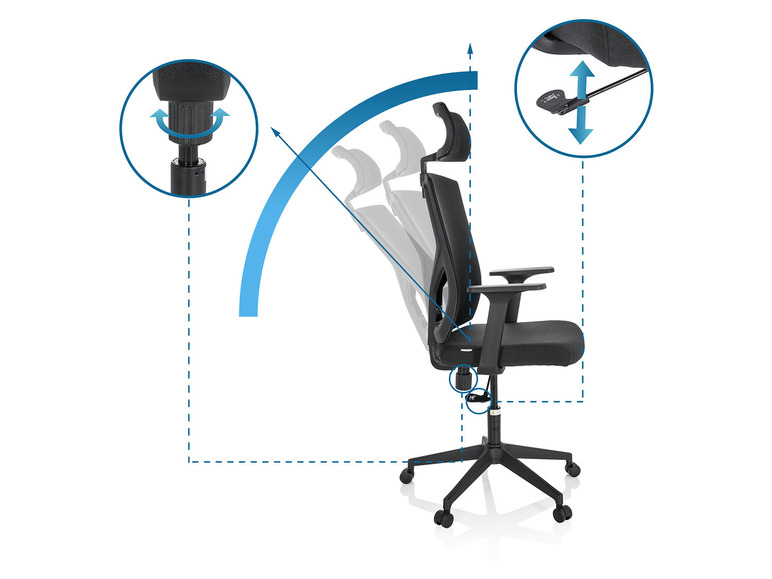 Un fauteuil de bureau noir avec dossier, hauteur d'assise et accoudoirs réglables.