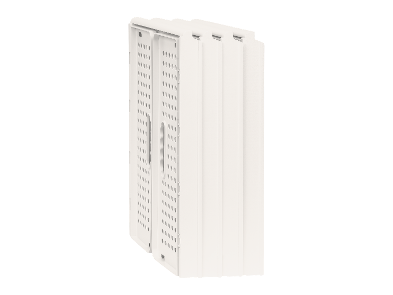 Étagère modulaire pliable blanche avec portes perforées, vue latérale.