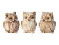 Trois statuettes de chouettes en céramique, dans les tons brun et blanc.
