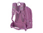 Un sac à dos scolaire rose avec un dos en mesh et une sangle de poitrine.