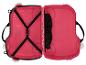 Valise enfant rose ouverte avec sangles et poignées noires.