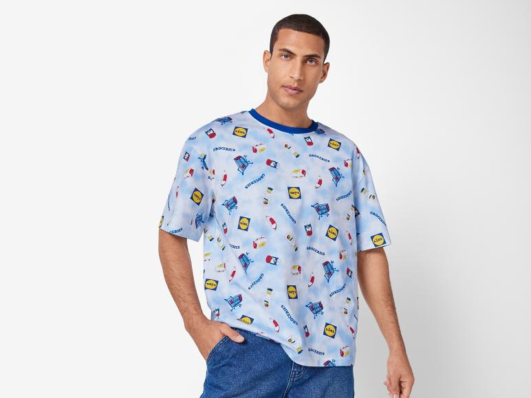 T-shirt Lidl bleu à motifs d'épicerie.
